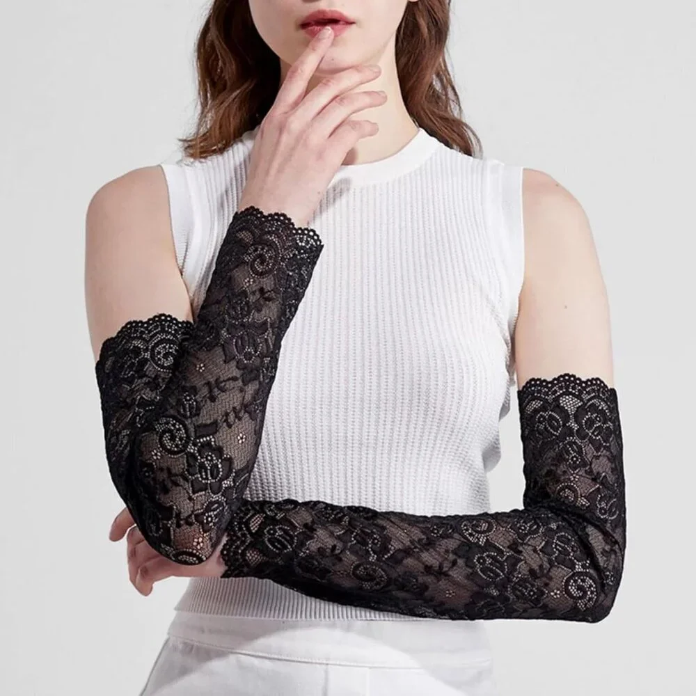 Women's 1 Black Fingerless Lace Arm Sleeves Gloves Wedding Dress Party Prom